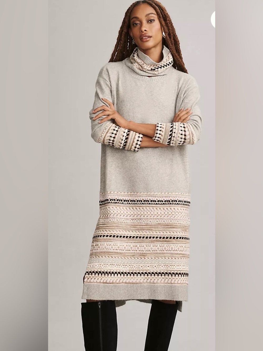 Daily Practice by Anthropologie Light Gray Sweater Dress with Patterned Trim